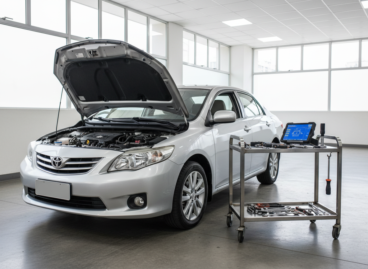 A late-model silver sedan parked inside a bright, organized vehicle inspection bay, its hood open to reveal a clean engine compartment. Precision tools rest neatly on a rolling cart beside the car, including a digital diagnostic scanner with a glowing screen and a tire tread depth gauge. The floor is spotless polished concrete with subtle reflections. Soft, diffused daylight enters through large high windows, complemented by even white ceiling lights, creating clear, shadow-free visibility. Photographic realism, eye-level composition with the car placed on the rule of thirds, sharp focus throughout. The mood is professional, trustworthy, and reassuring, conveying meticulous technical evaluation without any sense of damage or negativity, ideal for a vehicle inspection business in an urban Brazilian context.